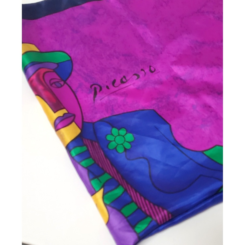 VTG Scarf Picasso Square 33" Purple/Yellow/Navy/Pink Figural Man Hat Graphic 80s